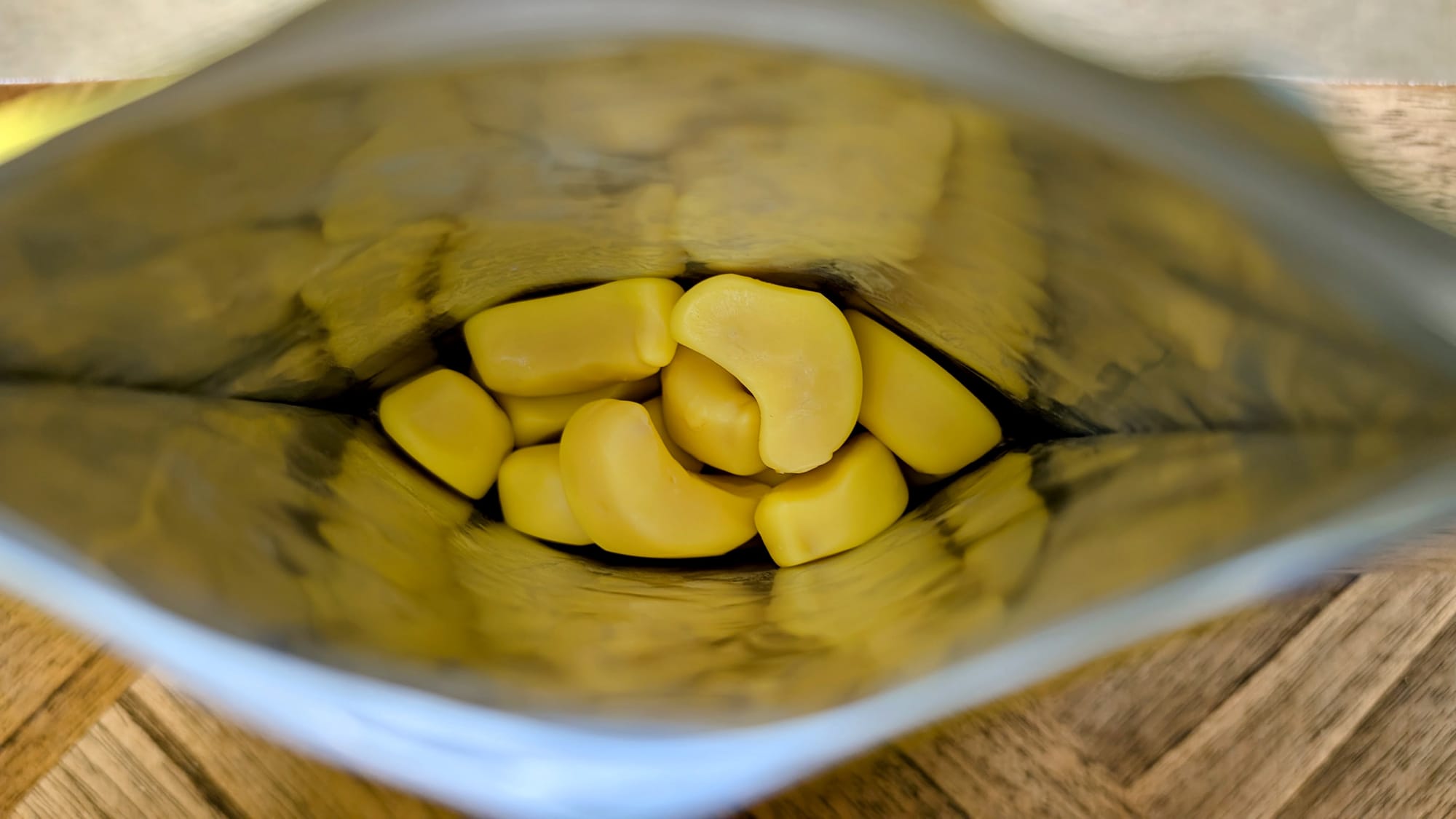 Looking inside a bag of Peelerz candy.