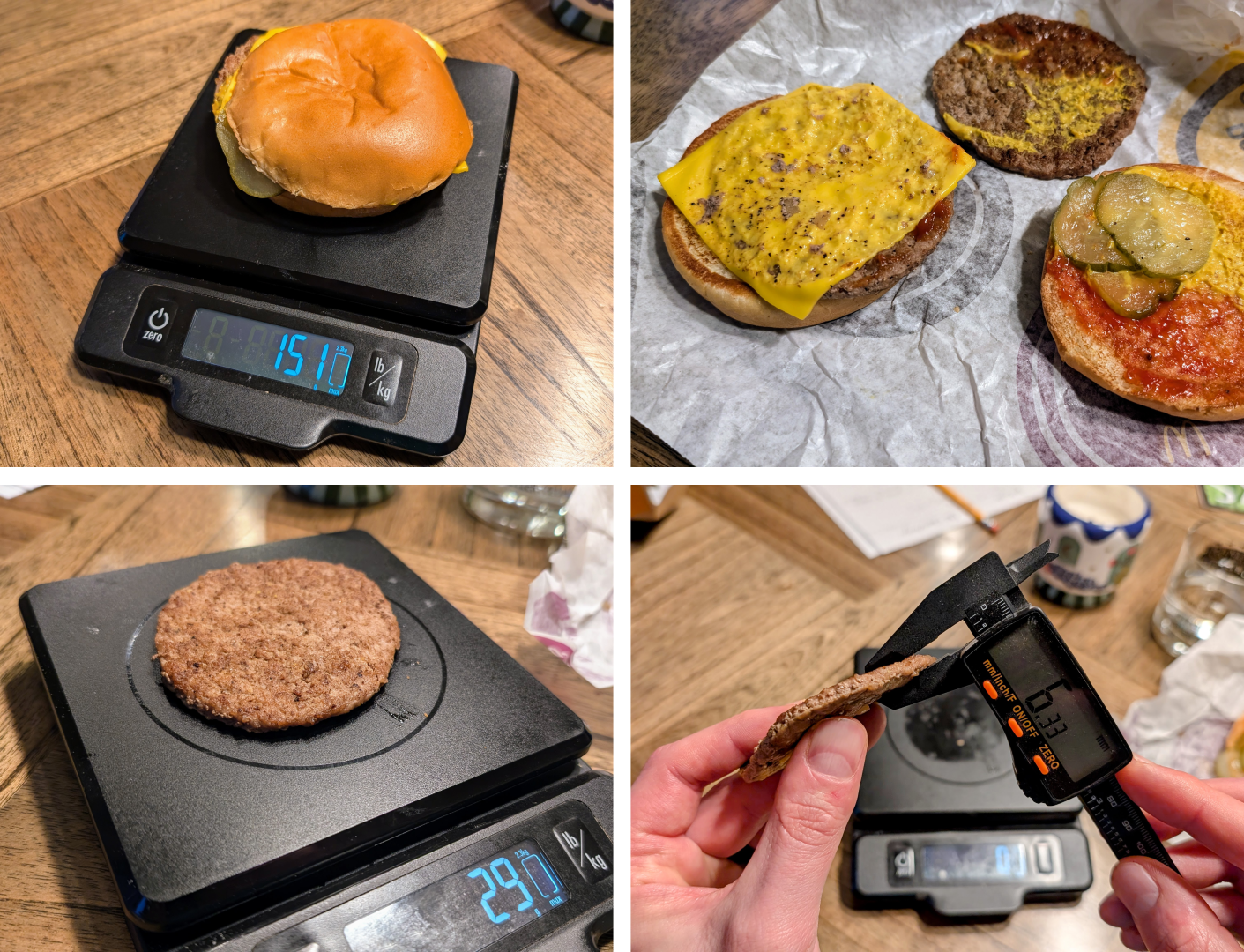 Four photos of a McDonald's burger being weighed and measured.